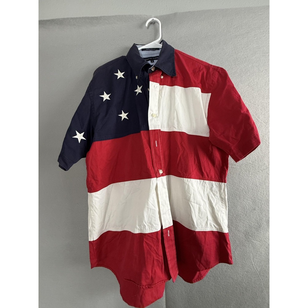 Vintage Tommy Hilfiger Shirt Mens Medium USA Flag Patriotic Red White‎ Blue 90s